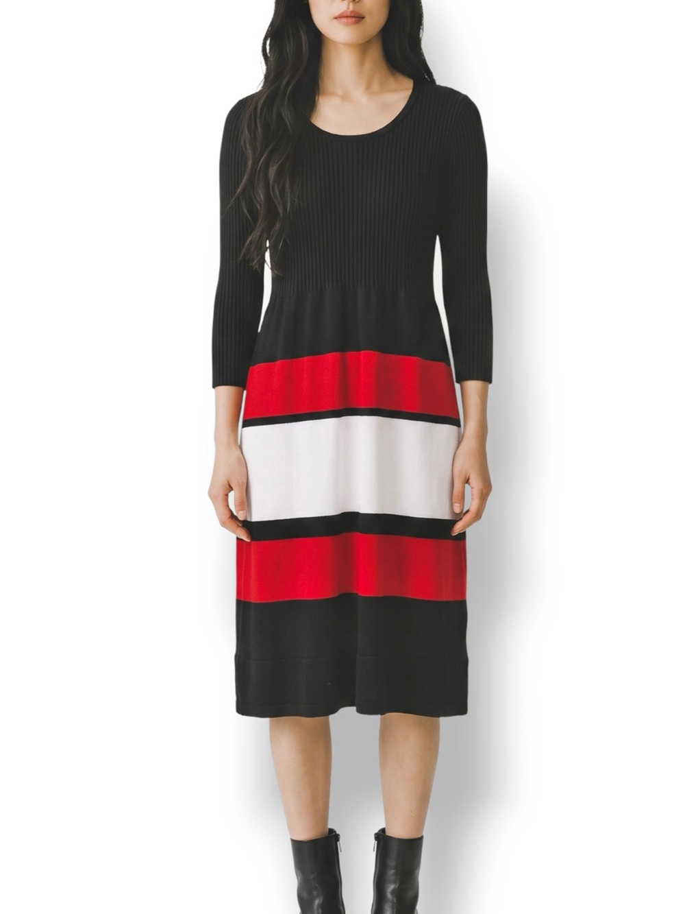 4/$20 Studio One New York PL Black Red Striped Knit Sweater Dress Midi